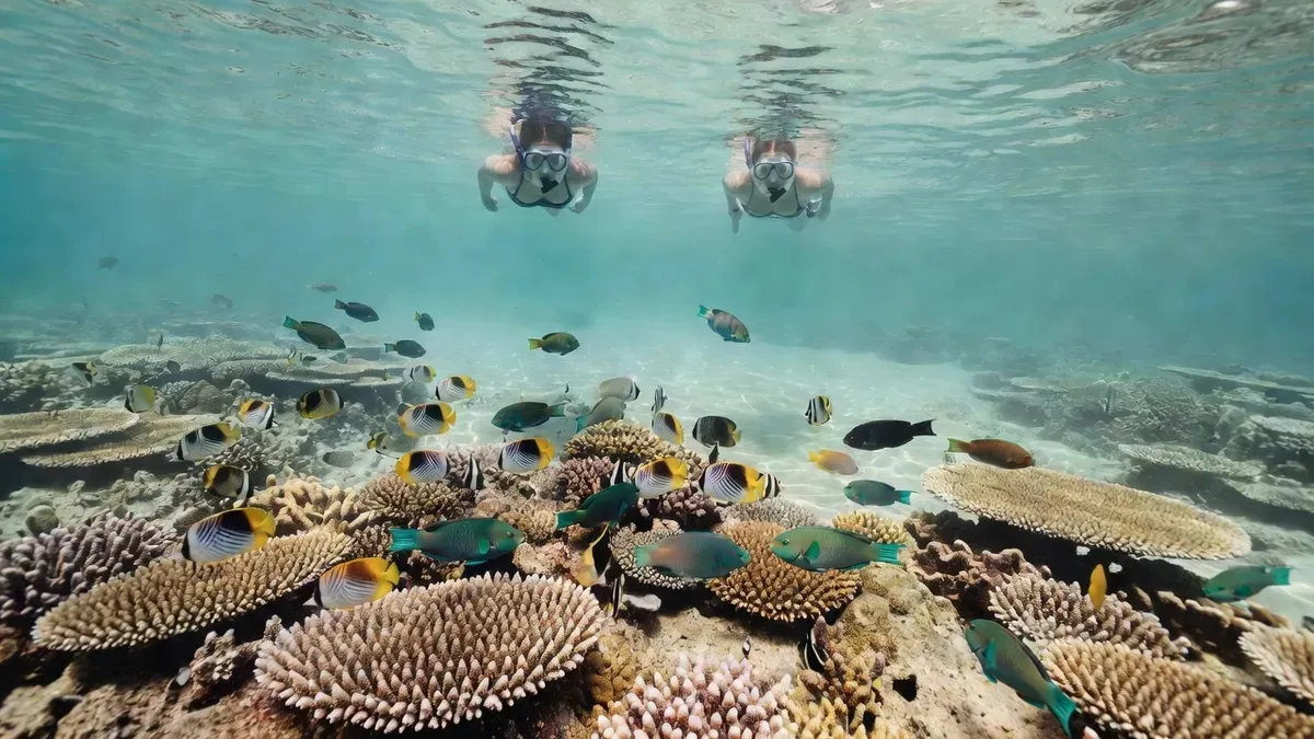 Snorkelers floating over a bright coral reef full of tropical fish on an Okinawa snorkeling tour in the Kerama Islands