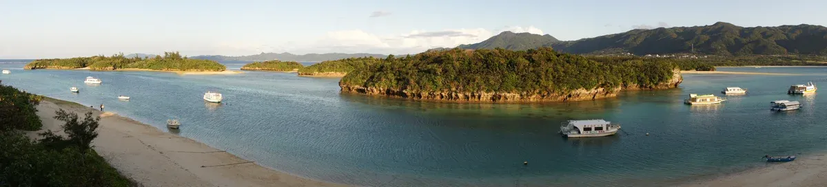 Emerald water and green islets of Kabira Bay on the north shore of Ishigaki Island in Okinawa